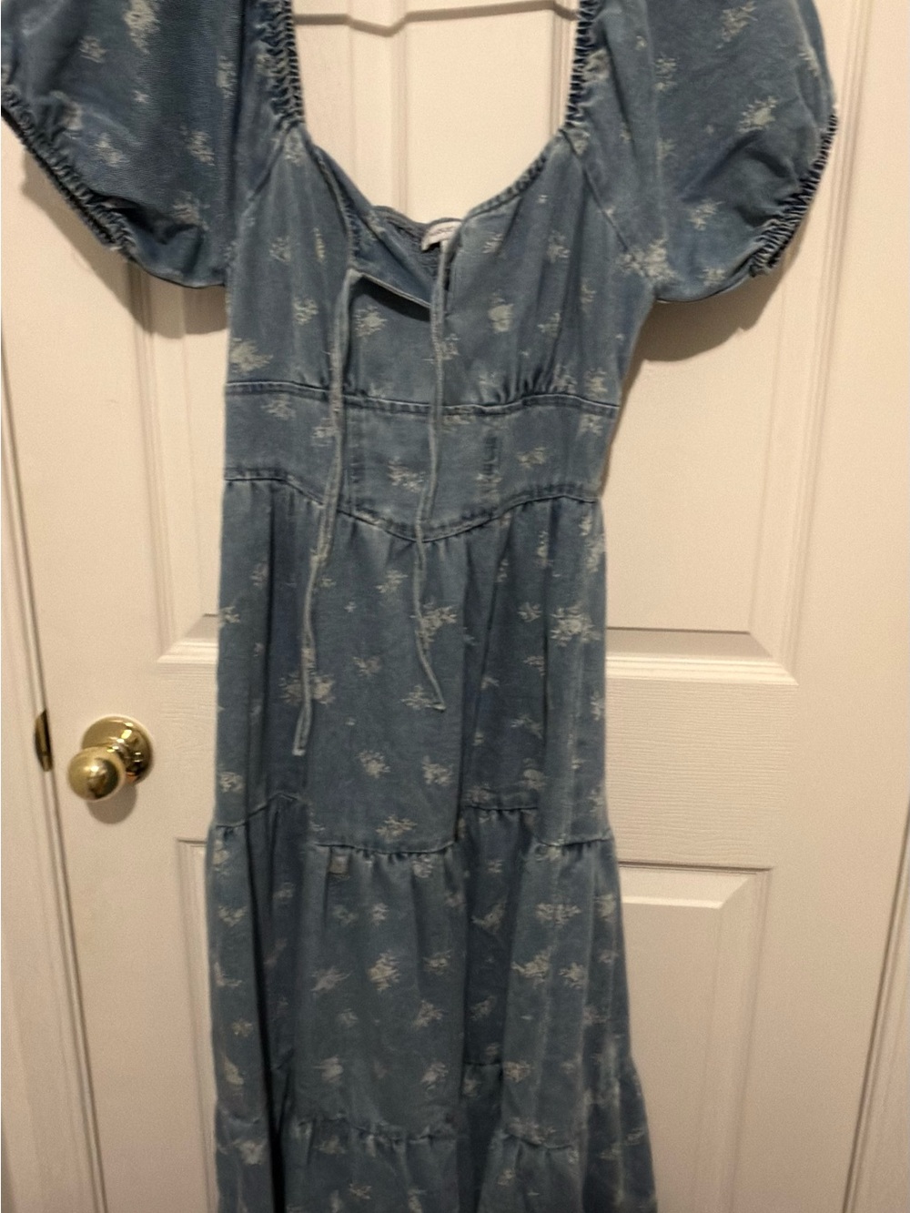 Blue Puff Sleeve Tiered Maxi Dress with Tie Neck
